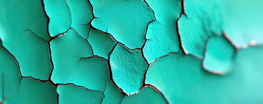 Poster weathering process idea. close-up view of peeling paint in vibrant turquoise color, showcasing textu