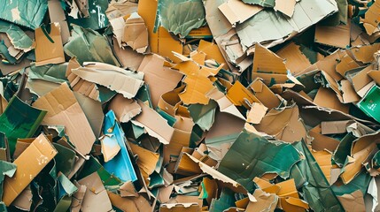 A top-down view of a heap of shredded cardboard pieces in brown, green, and blue tones, suggesting recycling or waste.