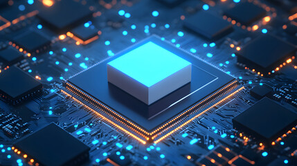 Abstract tech black background, futuristic neon texture blue light motherboard concept illustration