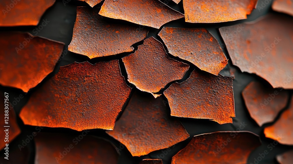 Poster Weathering process concept. Close-up of peeling paint revealing stunning rusty textures and patterns.