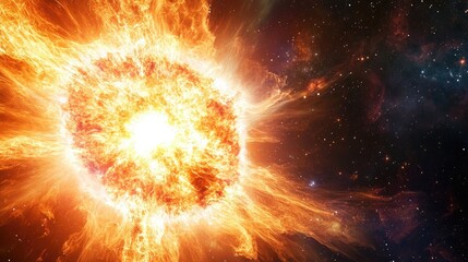 A spectacular cosmic explosion depicting a supernova bursting with fiery energy, radiating light and particles across a vibrant galaxy. Colorful cosmic event vast power beauty of space. Generative AI