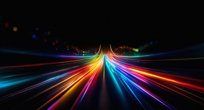 Vibrant light streaks speed through the darkness, creating a dynamic and futuristic motion effect.  Rainbow colors illuminate the abstract lines, evoking energy and digital flow against the black back