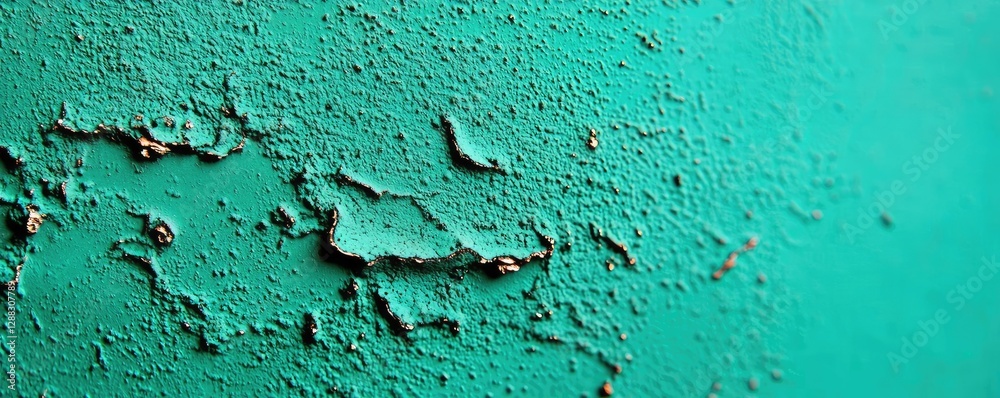 Poster Weathering process idea. Textured surface with peeling turquoise paint creating abstract art and visual interest.