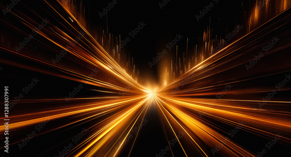Poster Golden light streaks rapidly converge from the dark edges, creating a sense of dynamic motion and speed towards a central, luminous point.