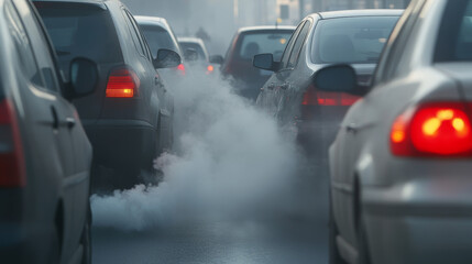 Heavy traffic blockages characterize the busy streets of a city at rush hour. Cars are lined up, emitting clouds of exhaust fumes into the atmosphere, contributing to urban pollution