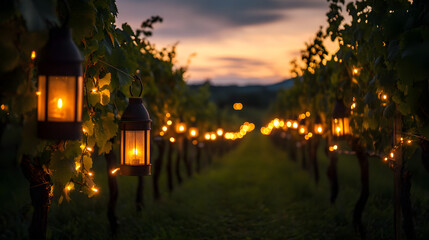 A dramatic scene of a vineyard at dusk illuminated by lanterns and string lights.