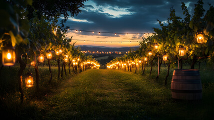A dramatic scene of a vineyard at dusk illuminated by lanterns and string lights.