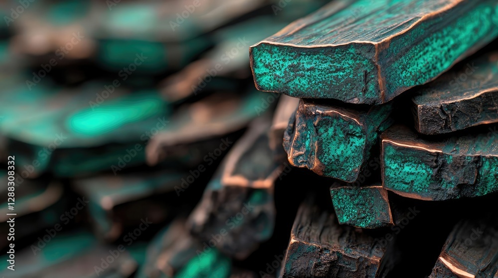 Poster weathering process concept. a close-up view of textured wood with vibrant turquoise accents and natu