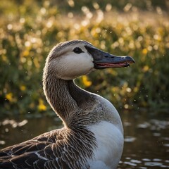A joyful goose tossing its head back in an animated and playful pose.