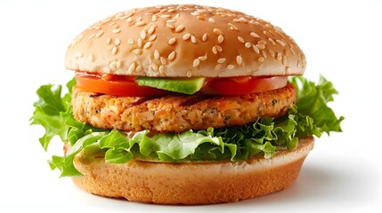 Close-up of a veggie burger with sesame bun, lettuce, tomato, avocado, and patty on a white background.