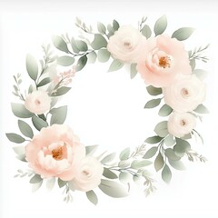 Naklejka premium Elegant floral wreath featuring soft pink flowers and lush greenery, perfect for wedding invitations or decor.