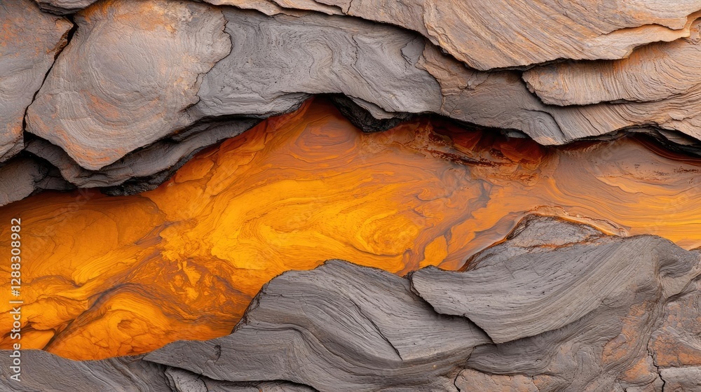 Poster weathering process concept. an aerial view of colorful rock formations with flowing orange liquid.