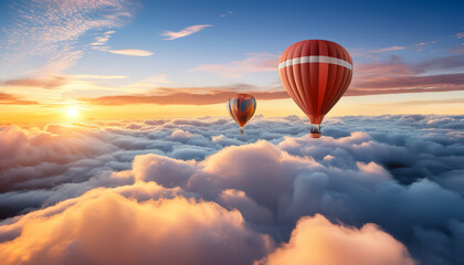 Obraz premium paisaje aereo relajante con globos aerostáticos de colores volando sobre nubes con luz de amanecer concepto de imaginación libertad aventura y esperanza en el dia del ascenso en globo