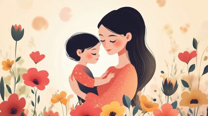 A mother's love! A loving scene of a mother holding her child, with a soft, dreamy background. Vector art