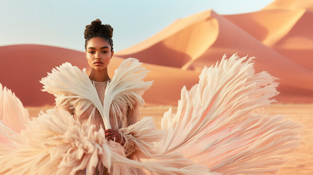 Ethereal Desert Bride: High Fashion Elegance in a Flowing White Gown