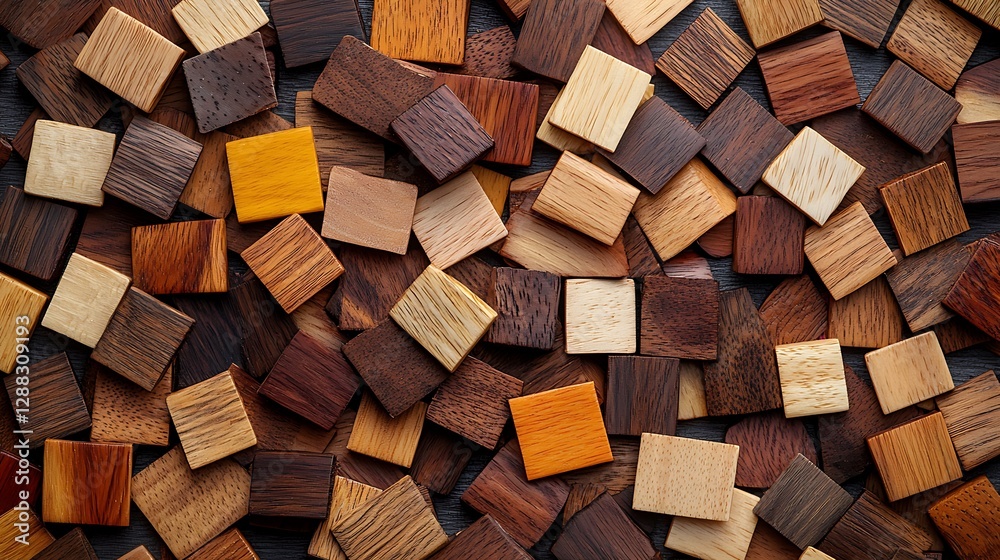 Poster Overhead view of wooden tiles with varying shades and textures, creating a decorative background or mosaic