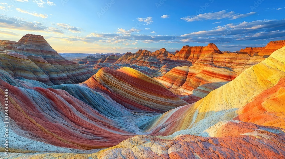 Poster weathering process idea. breathtaking view of vibrant multicolored rock formations under a clear blu