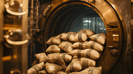 A dramatic view of an open bank vault with overflowing bags of cash.
