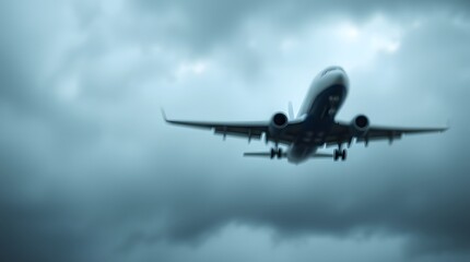 Obraz premium Blurred image of a passenger plane flying through storm clouds.