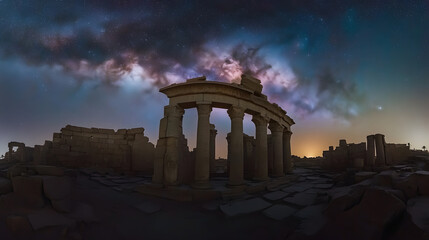 A dramatic view of the Milky Way over an ancient stone ruin.
