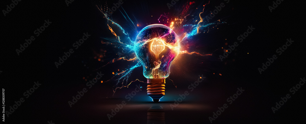 Poster a vibrant light bulb emits colorful energy sparks and streaks against a dark backdrop, symbolizing b