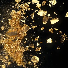 Golden shards and dust particles scattered against a stark black background, creating an abstract and luxurious texture.