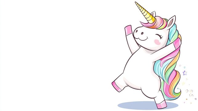 Cute cartoon unicorn dancing, white background, simple lines, flat illustration style,colorful mane in rainbow colors, joyful expression, animated illustration, cheerful mood, fun design elements