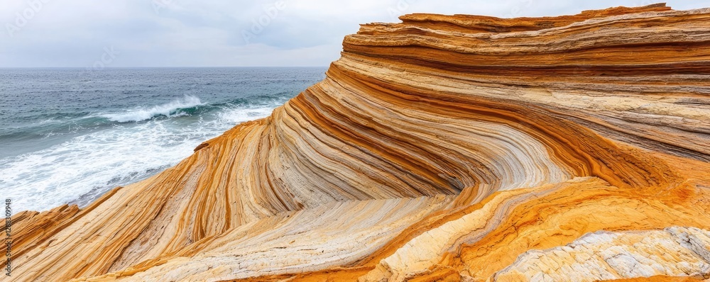 Poster weathering process idea. stunning coastal rock formations with vibrant colors and ocean waves in the