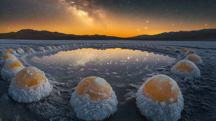 A dreamlike starry sky reflected in crystal-clear desert salt flats.