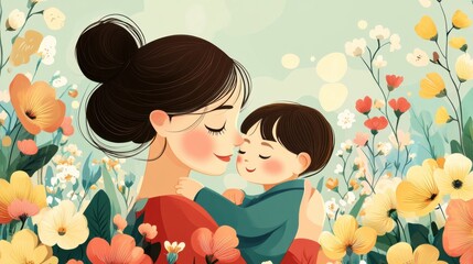A mother's love! A loving scene of a mother holding her child, with a soft, dreamy background. Vector art