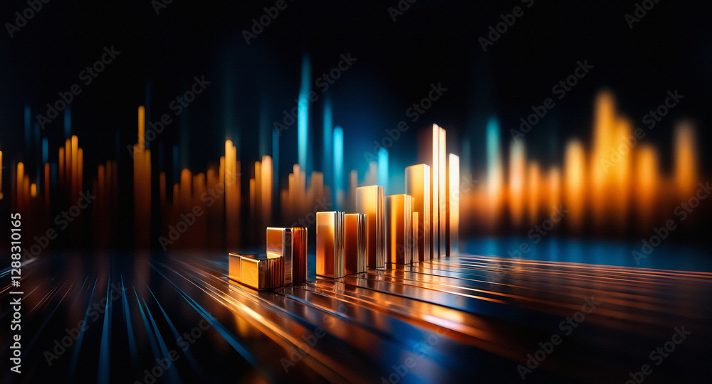 Poster golden bars on a dark backdrop with blurred light trails create a futuristic, dynamic scene. vibrant