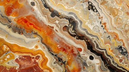 Obraz premium Abstract close-up of layered rock or mineral surface with swirling patterns in orange, brown, black, and white tones.