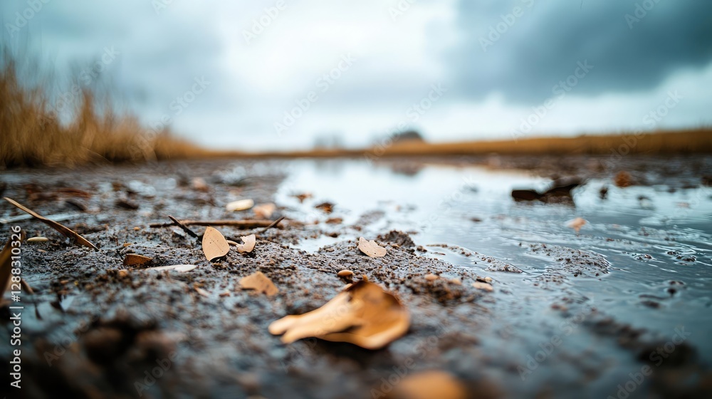 Aufkleber weathering process idea. a serene landscape featuring puddles and fallen leaves under a moody sky.