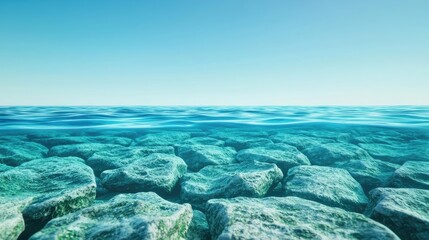 Fototapeta premium Weathering process idea. Serene underwater view showcasing clear water over rocky seabed and endless horizon.