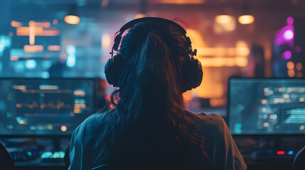 A dynamic esports tournament scene with players in headsets intensely focused on their screens.