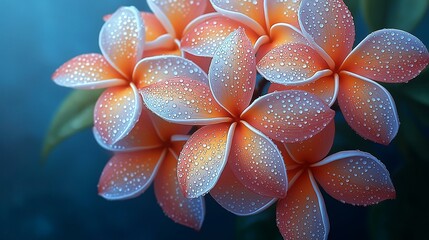 Fototapeta premium Vibrant plumeria flowers adorned with morning dew, capturing the beauty of nature.
