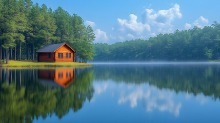Obraz premium Lakeside Cabin Reflection Morning