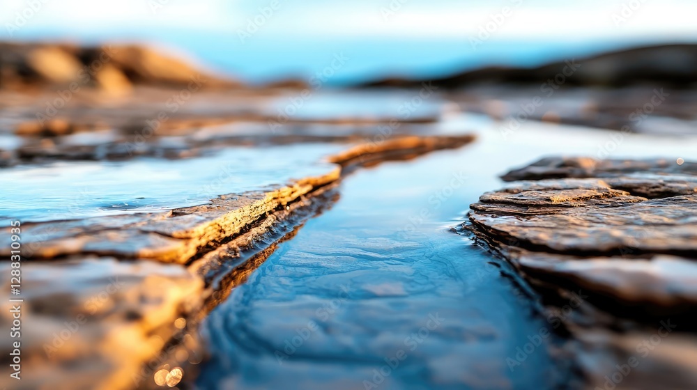 Poster weathering process idea. serene water stream flowing through rocky terrain under soft sunset light.
