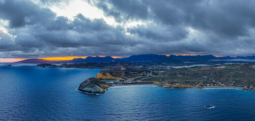 Aerial view of the protected natural landscape of the four coves, Águilas, Region of Murcia, Spain