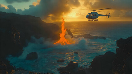 Lava Flow Helicopter Ocean Sunrise