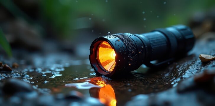 Waterdrops falling on a rugged tactical flashlight, adventure, flashlight