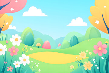 Fototapeta premium Cartoon spring outing and green plant scenery illustration, Beginning of Spring concept scene illustrationCartoon spring outing and green plant scenery illustration, Beginning of Spring concept scene 