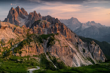 Sunset view of the Cadini Group. View from the Auronzo refuge. Ending day in the Dolomites. Famous place near Cortina d'Ampezzo, province Belluno