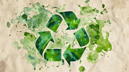 Green recycle symbol with watercolor texture on beige paper. Eco-friendly concept with paint splatters and grunge effect.