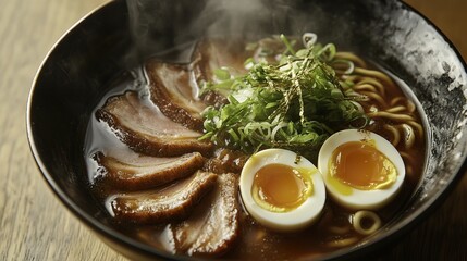Delicious bowl of shoyu ramen topped with pork slices and a soft - boiled egg, with steam rising