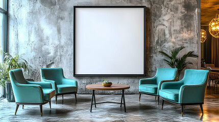 Illustration - Modern Interior Design with Teal Armchairs, Concrete Wall, and Blank Frame