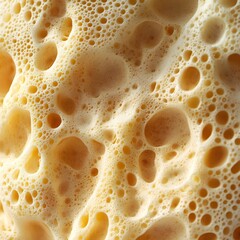 A close-up shot of a yellow, porous, sponge-like material with numerous holes and bubbles filling the frame.