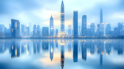 Fototapeta premium Misty City Skyline Reflects on Water