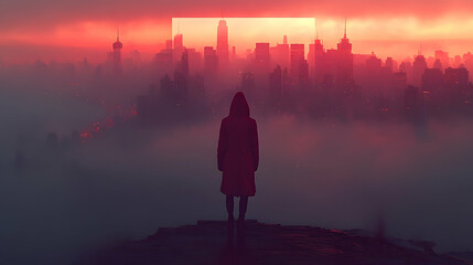 Fototapeta premium Misty Cityscape, Figure Contemplation