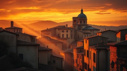 a digital painting of an old Italian town at sunset
